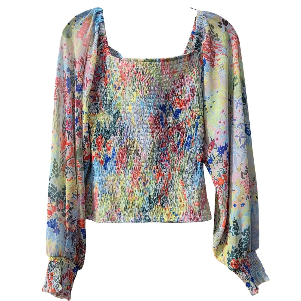 Anthropologie Floral Smocked Mesh Top XS Boho Garden Fairy Airy Balloon Sleeve